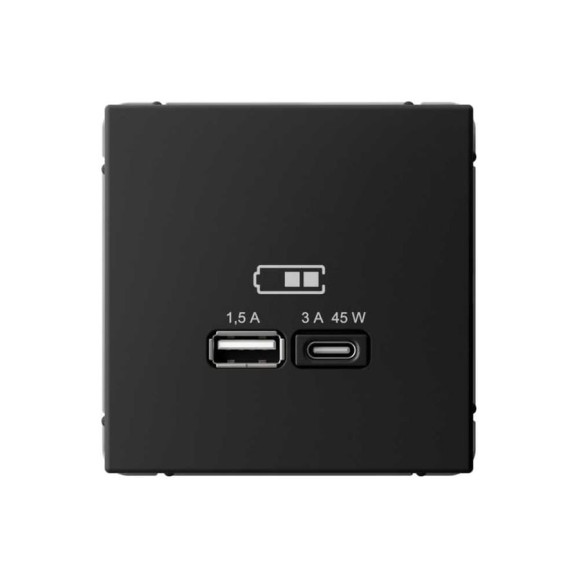 Розетка Systeme Electric ARTGALLERY USB A + тип-C, 45Вт, высокоскоростная зарядка QC, PD, механизм, черный шелк GAL001729