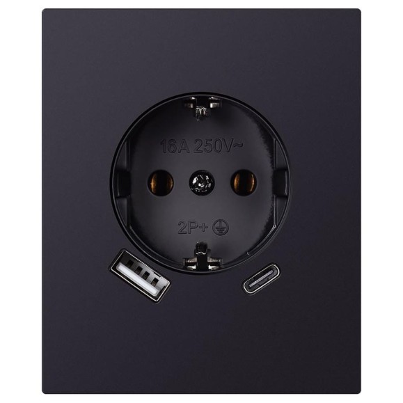 Розетка одноместная SMARTBUY с заземлением USB+Type-C модульная 16А черная акрил Альтаир SBE-m11ba-16-S1-USB