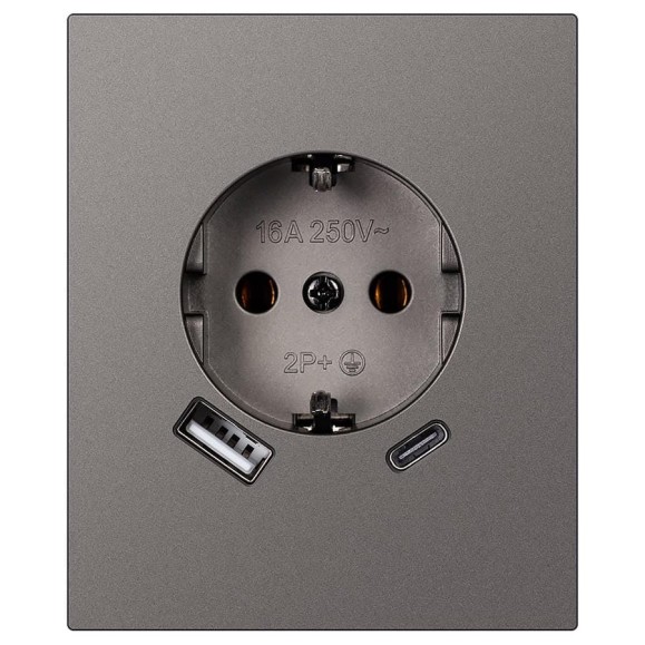 Розетка одноместная SMARTBUY с заземлением USB+Type-C модульная 16А графит Альтаир SBE-m11g-16-S1-USB