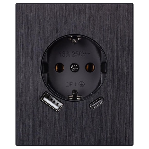 Розетка одноместная SMARTBUY с заземлением USB+Type-C модульная 16А алюминий черный Альтаир SBE-m11alb-16-S1-USB