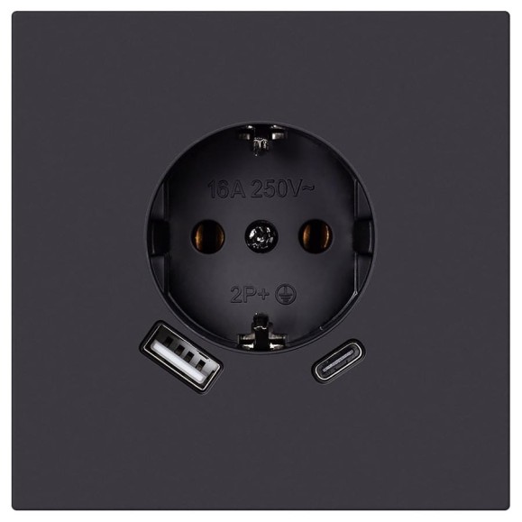 Розетка одноместная SMARTBUY с заземлением USB+Type-C независимая 16А черная Альтаир SBE-i11b-16-S1-USB