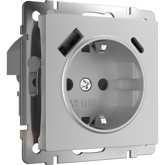 Розетка с заземлением, шторками и USB тип A+C W1171706 серебряный WERKEL a067703