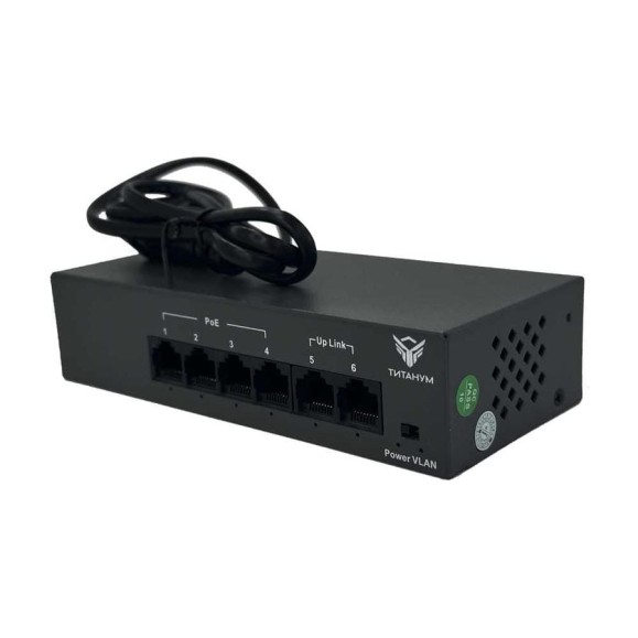 Коммутатор неуправляемый ТИТАНУМ TM042-02, 4 RJ45 10/100 Мбит/с PoE+2 Uplink 10/100 Мбит/с (55 Вт), ЭТ-00000010