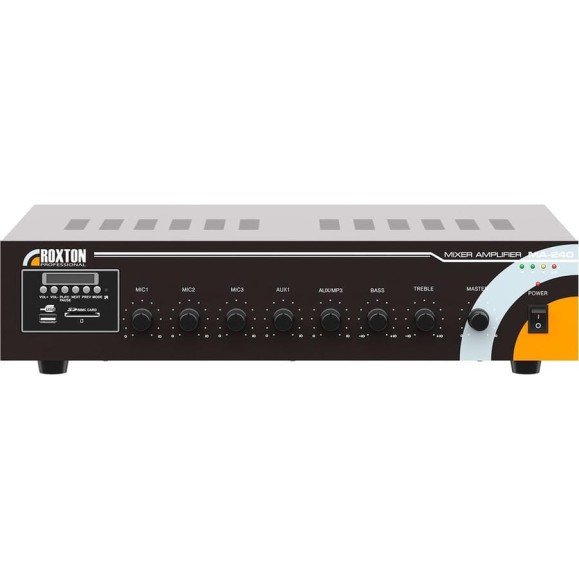 Усилитель-микшер Roxton MA-240 240 Вт, 100/70В и 8 Ом, MP3/USB/SD и FM-тюнер, 3 микр/2 линейных входа, линейный выход, 220В 00-00013567