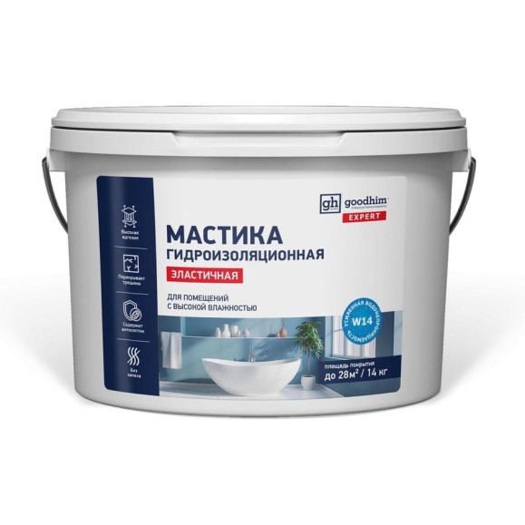 Акриловая гидроизоляционная эластичная мастика Goodhim серый, 14 кг / 9,65 л 16437