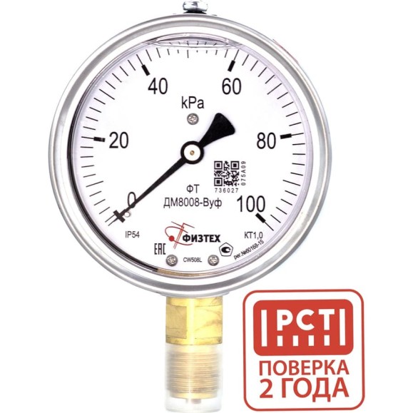 Манометр Физтех ДМ8008-ВУф 0-100 кПа кт.1,0 d.100 IP54 M20х1,5 РШ, Без запол 4687205640734