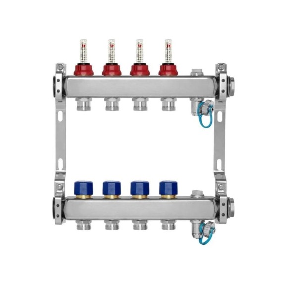 Коллекторная группа BYR PEX из нержавеющей стали, 1-Т4-3/4ЕК L=50 с расходомерами, термостатическими клапанами 2425-04 Коллекторная группа BYR PEX из нержавеющей стали, 1-Т4-3/4ЕК L=50 с расходомерами, термостатическими клапанами 2425-04