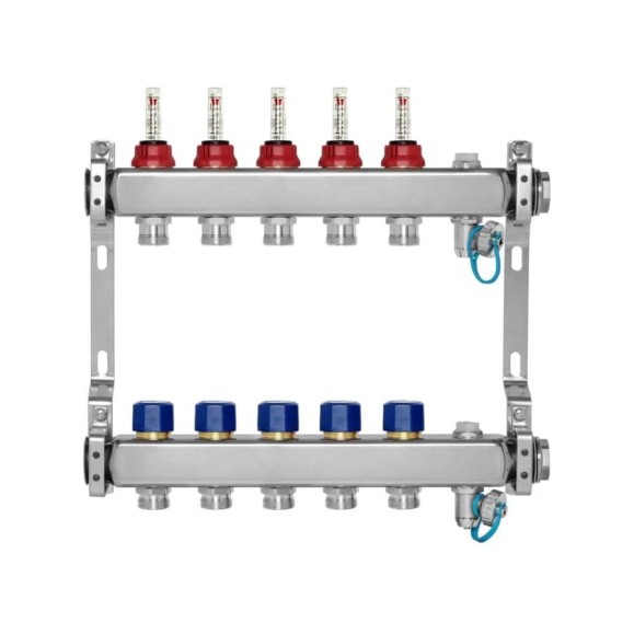 Коллекторная группа BYR PEX из нержавеющей стали, 1-Т5-3/4ЕК L=50 с расходомерами, термостатическими клапанами 2425-05 Коллекторная группа BYR PEX из нержавеющей стали, 1-Т5-3/4ЕК L=50 с расходомерами, термостатическими клапанами 2425-05