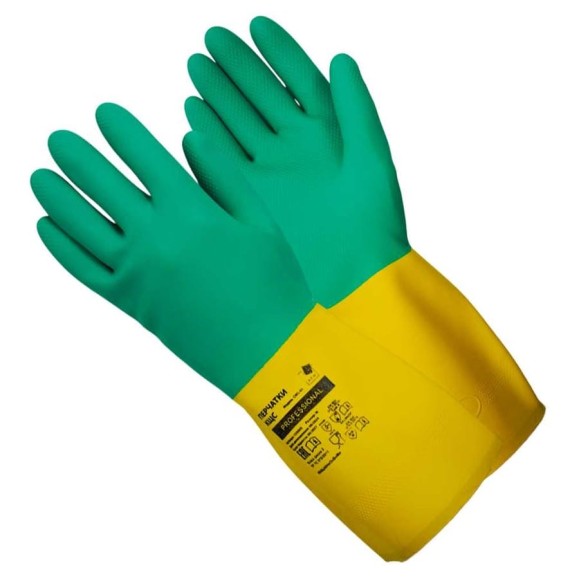 Перчатки ADM латекс+неопрен  Professional (KЩС), XL, зеленый+желтый 135072