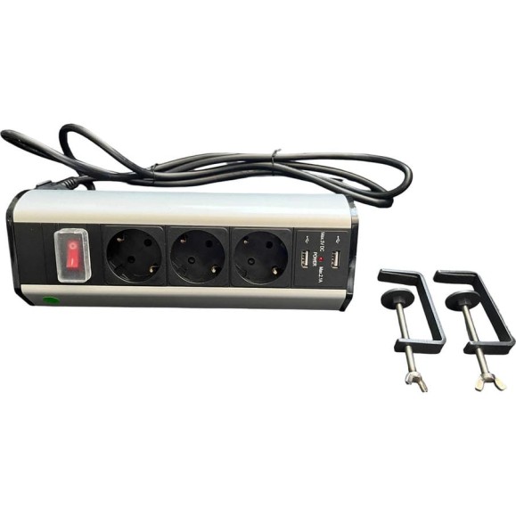 Розетка настольная LUCKTEK с зажимами, с выключателем, 3x220V, 2xUSB (5V/2.1A) пластик+алюминий, цвет серый LK-GN1403SU2