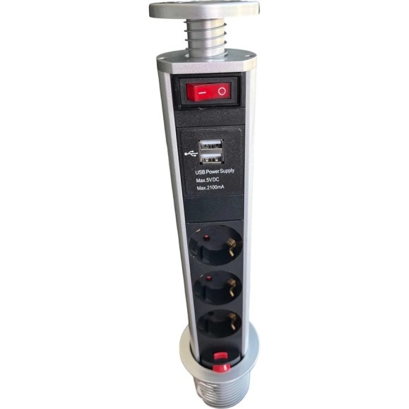 Розетка выдвижная встраиваемая LUCKTEK с выключателем, 3х220V, 2xUSB, поликарбонат+анодированный алюминий, d выреза 8см, цвет серый LK-GN1803S Розетка выдвижная встраиваемая LUCKTEK с выключателем, 3х220V, 2xUSB, поликарбонат+анодированный алюминий, d выреза 8см, цвет серый LK-GN1803S