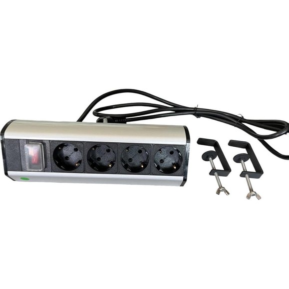 Розетка настольная с зажимами, с выключателем, 4x220V, пластик+алюминий, цвет серый LUCKTEK LK-GN1404S