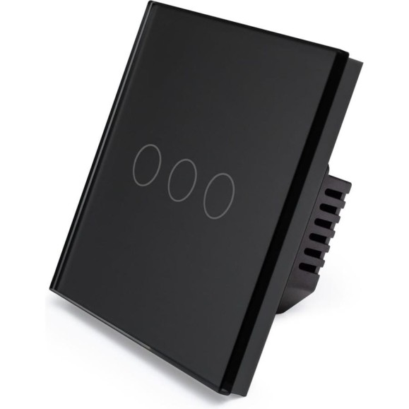 Сенсорный выключатель Vell с нулем, черный, трехклавишный, 1 пост, с Wi-Fi, с Алисой, стеклянная рамка {BK1P-3G-S} 1397668