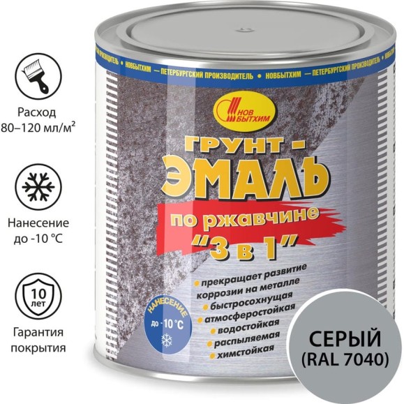 Грунт-эмаль по ржавчине Новбытхим 3 в 1, серая, RAL 7040 2,7 л 3387