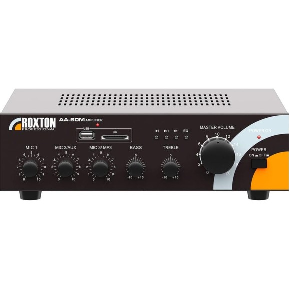 Усилитель-микшер Roxton AA-60M 60 Вт, 100/70В и 4-8 Ом, MP3/USB/SD, 3 микр/2 линейных входа, 220В 00-00012857