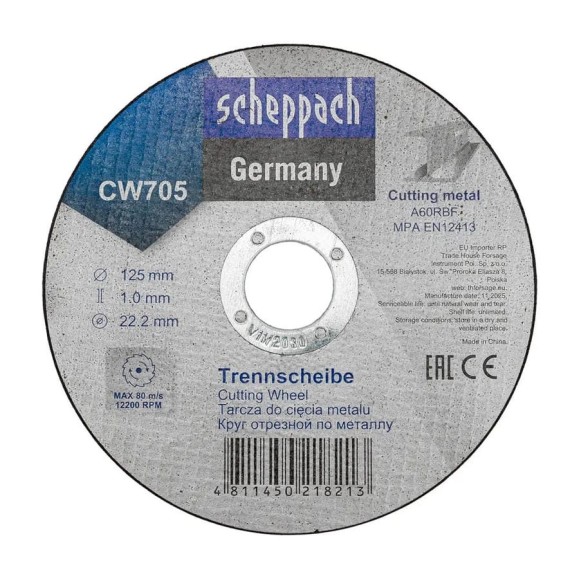Круг отрезной по металлу Scheppach 125х1.0х22.2мм Sch-CW705(63952) Круг отрезной по металлу Scheppach 125х1.0х22.2мм Sch-CW705(63952)
