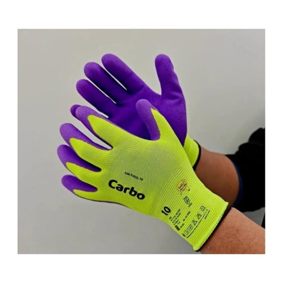 Перчатки из салатового нейлона GOLD MANIBUS Carbo Xi-vis цвета покрытие фиолет вспененным латексом р.9 (L) GM-1002L-9