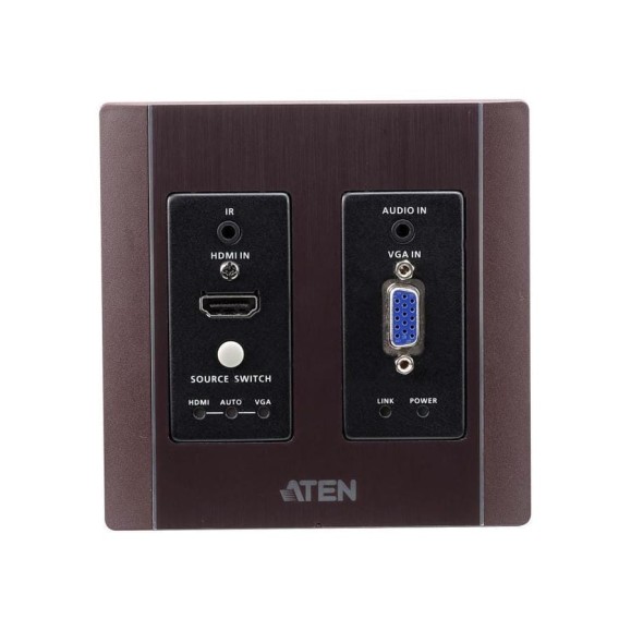 Передатчик ATEN HDMI VGA HDBaseT Настенный с монтажной панелью US/PoH (коричниевый) (4K 100м / 1080p 150м) VE2812AUST2-AT-G