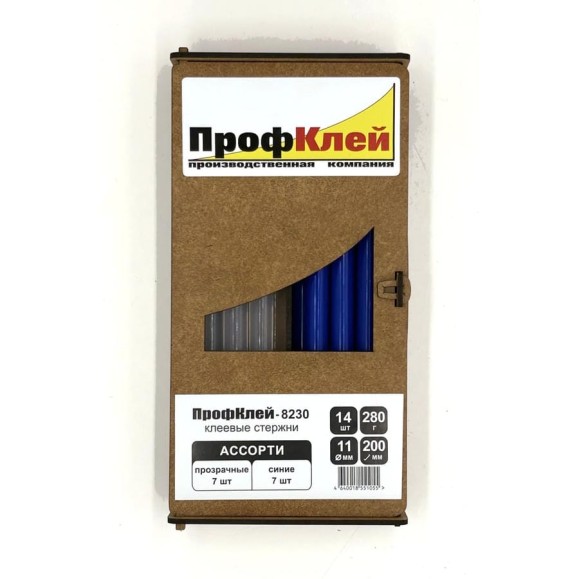 Клеевые стержни ПрофКлей 8230 ассорти (прозрачные + синие), 11х200 мм, 14 шт, 280 г RU.8230.TB