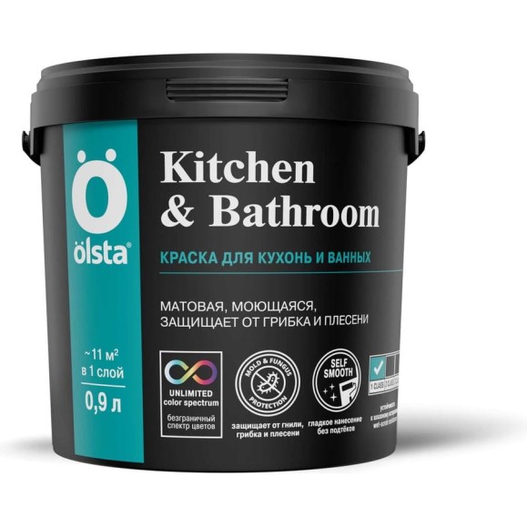 Краска для кухонь и ванных OLSTA Kitchen&bathroom БАЗА A 0.9 л OKBA-09 Краска для кухонь и ванных OLSTA Kitchen&bathroom БАЗА A 0.9 л OKBA-09