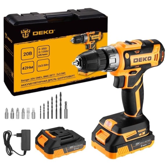 Аккумуляторная дрель-шуруповерт DEKO Banger 20V ONE+ 13 предметов в кейсе, 2x3.0Ач 083-1109