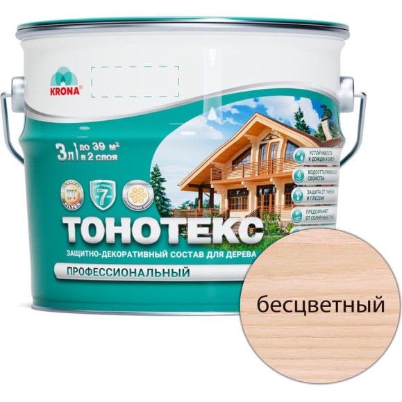 Защитно-декоративный состав для дерева KRONA Тонотекс (бесцветный; 3 л) 66330505 Защитно-декоративный состав для дерева KRONA Тонотекс (бесцветный; 3 л) 66330505