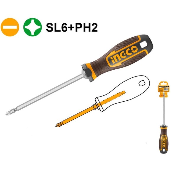 Отвертка двухсторонняя INGCO 150 мм PH2+SL6 AKISD26150
