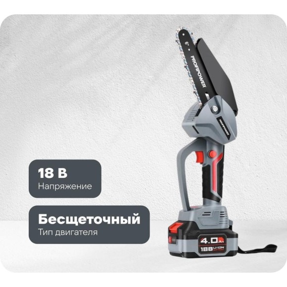 Аккумуляторная бесщеточная цепная пила Profipower MKGST-18V (Li-ion-2шт, 2.0Ач, 0-4500 об/мин, З/У, коробка) E0097