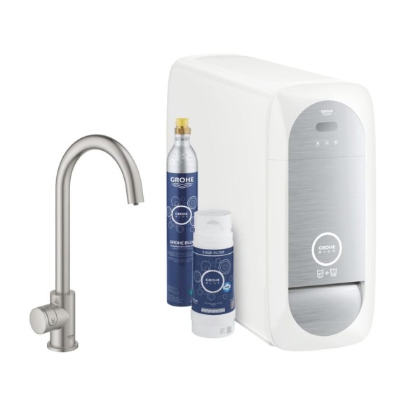 Кран для кухонной мойки Grohe Blue Home Mono с системой фильтрации, охлаждения и газирования воды, Wi-Fi, суперсталь 31498DC1