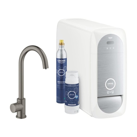 Кран для кухонной мойки Grohe Blue Home Mono с системой фильтрации, охлаждения и газирования воды, Wi-Fi, темный графит матовый 31498AL1