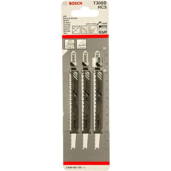 Пилки для лобзика по дереву (91 мм; 3 шт.) Т308В Bosch 2608663750