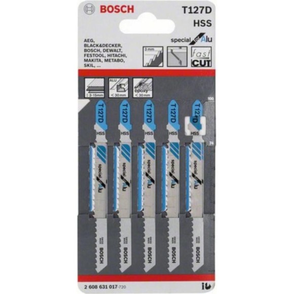 Набор пилок для лобзика по металлу (74 мм; 5 шт.) HSS T127 D Bosch 2.608.631.017
