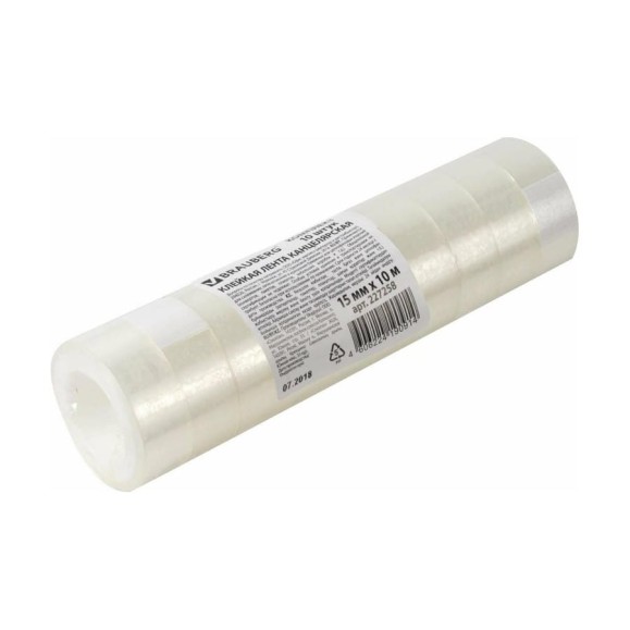 Канцелярская клейкая лента BRAUBERG 15 мм х 10 м, 10 шт., прозрачная 227258