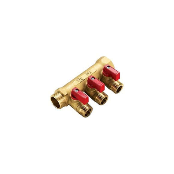 Коллектор Tiemme Nino НВ, 3/4", с кранами, 2 выхода, 1/2", Н 36 мм, красный 1820075 Коллектор Tiemme Nino НВ, 3/4", с кранами, 2 выхода, 1/2", Н 36 мм, красный 1820075