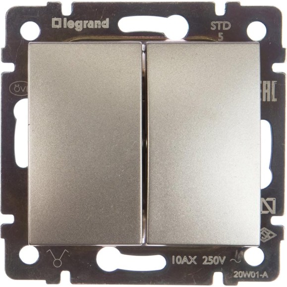 Выключатель Legrand двухклавишный Legrand Valena 10А 250В схема 5 безвинтовые зажимы алюминий 694337