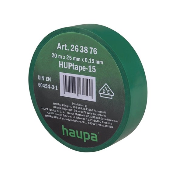 Изолента ПВХ HAUPA цвет зеленый, шир.25 мм, длина 20 м, d 74 мм 263876