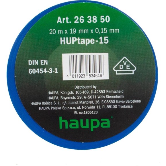 Изолента HAUPA ПВХ синий 19 ммх20 м, d 74 мм 263850 Изолента HAUPA ПВХ синий 19 ммх20 м, d 74 мм 263850