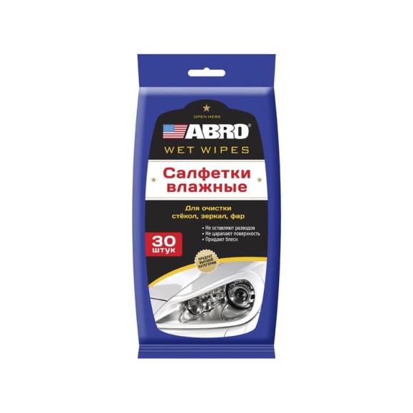 Влажные салфетки для фар, стекол и зеркал ABRO INDUSTRIES INC 30 шт. CW-100-G