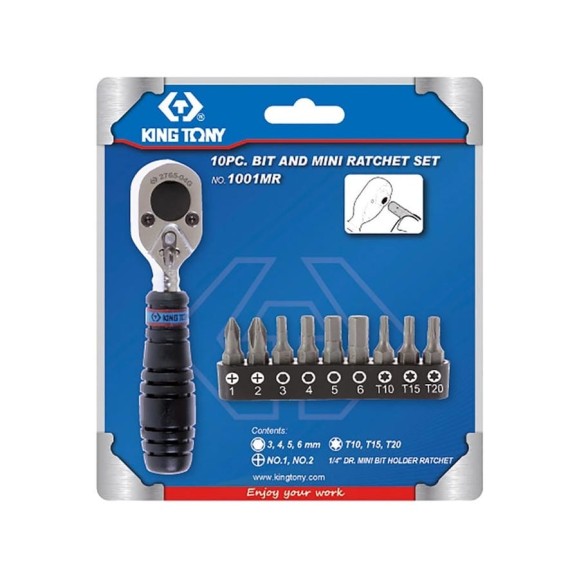 Набор вставок (бит) с трещоткой 1/4", TORX, HEX, PH, 10шт KING TONY 1001MR