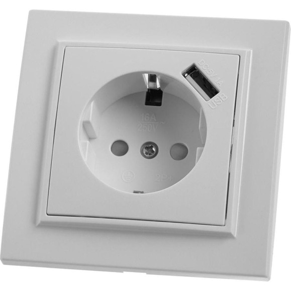 Розетка STEKKER 1-местная с/з, 220В, 16А с защитной шторкой и с USB, серия Эрна, белая 39051