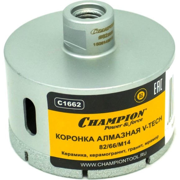 Коронка алмазная V-tech по керамике, керамограниту, граниту, мрамору (82х66 мм; М14) CHAMPION C1662 Коронка алмазная V-tech по керамике, керамограниту, граниту, мрамору (82х66 мм; М14) CHAMPION C1662