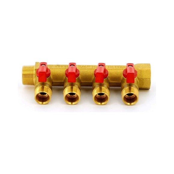 Коллектор Tiemme Nino НВ, 3/4", с кранами, 4 выхода, 1/2", Н 36 мм, красный, флажок 1820066