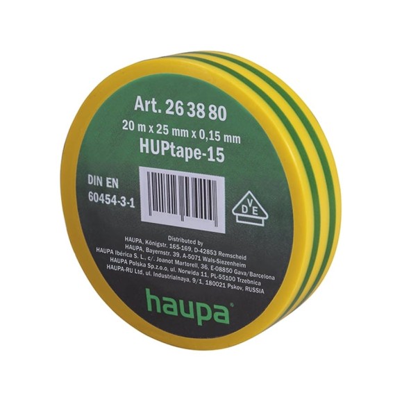 Изолента ПВХ HAUPA цвет желто-зеленый, шир.25 мм, длина 20 м, d 74 мм 263880