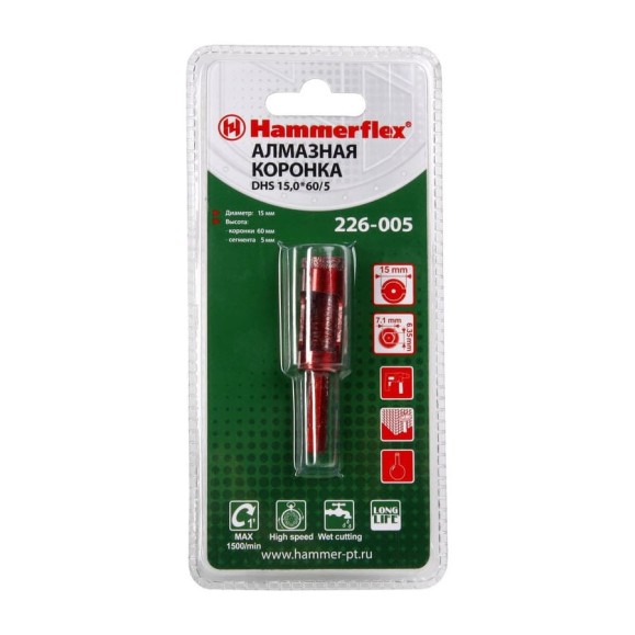 Коронка алмазная трубчатая по керамограниту Flex 226-005 DHS (15х60 мм; высота сегмента 5 мм; A3; 60Р) HAMMER 58968 Коронка алмазная трубчатая по керамограниту Flex 226-005 DHS (15х60 мм; высота сегмента 5 мм; A3; 60Р) HAMMER 58968