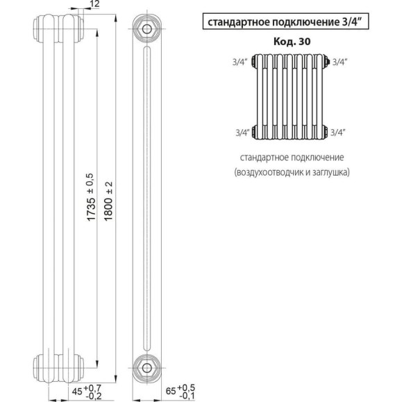 Радиатор IRSAP Tesi 2 21800/08 T30 3/4" h-1800 мм RT218000801A426N01