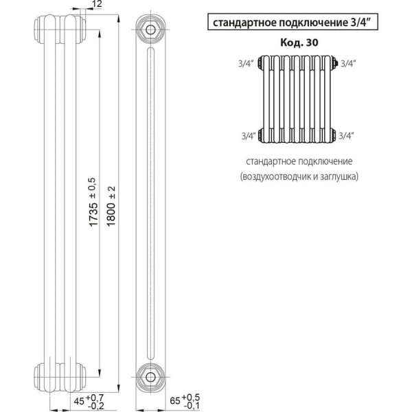 Радиатор IRSAP Tesi 2 21800/08 T30 3/4" h-1800 мм RT218000801A426N01