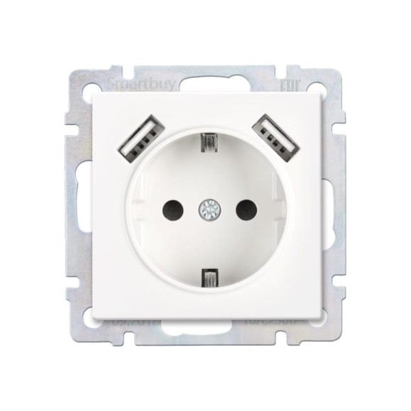 Розетка Smartbuy с заземлением и 2-мя USB 16А белая Нептун SBE-05w-16-S1-USB