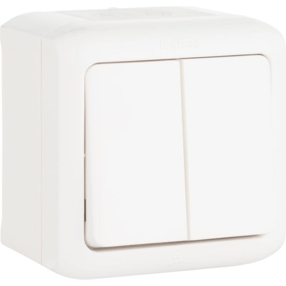Выключатель Legrand двухклавишный Legrand Quteo IP44 10А 250В винтовые зажимы накладной монтаж белый 782302