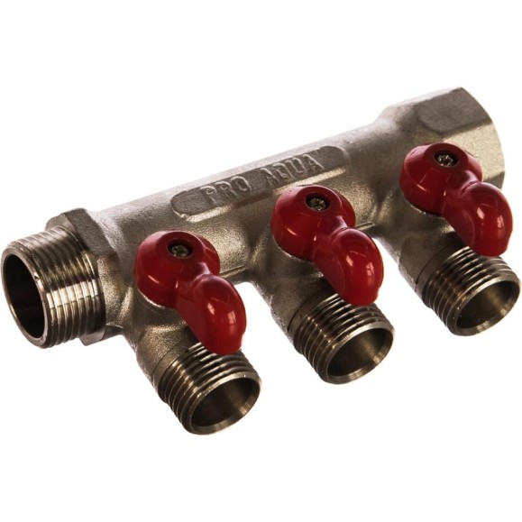 Коллектор с отсекающими кранами (плоскость) PRO AQUA 3/4, 3 х 1/2 V100.03-m20-f20 Коллектор с отсекающими кранами (плоскость) PRO AQUA 3/4, 3 х 1/2 V100.03-m20-f20