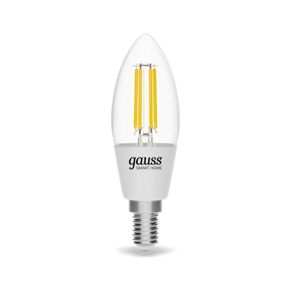 Умная Wi-fi филаментная лампочка Gauss, Smart Light ССТ DIM E14 C37 4,5 Вт 2700-6500K, диммируемая с изменением температуры, управление голосом/смартфоном 1250112